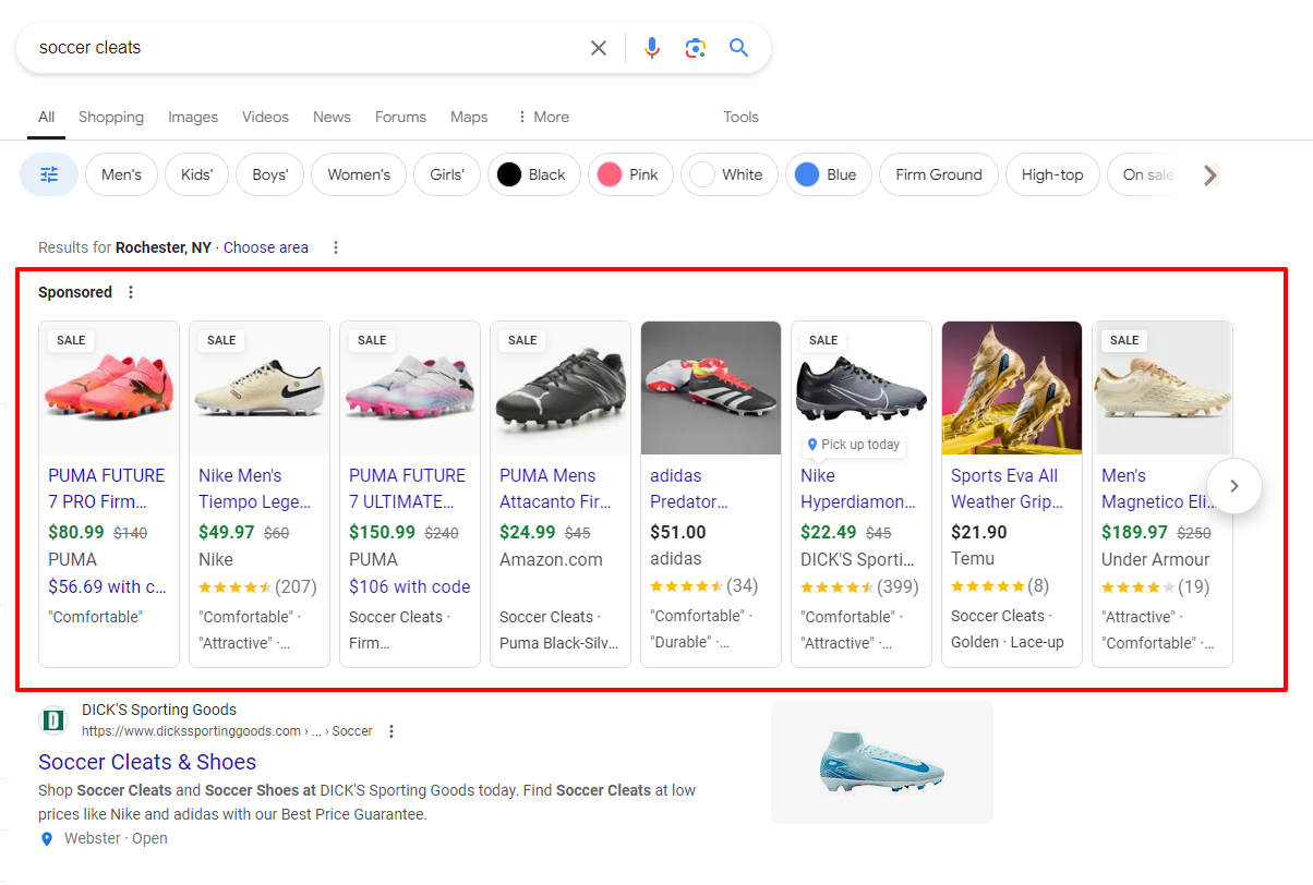 example of google search results for shopping ads showing soccer cleats.